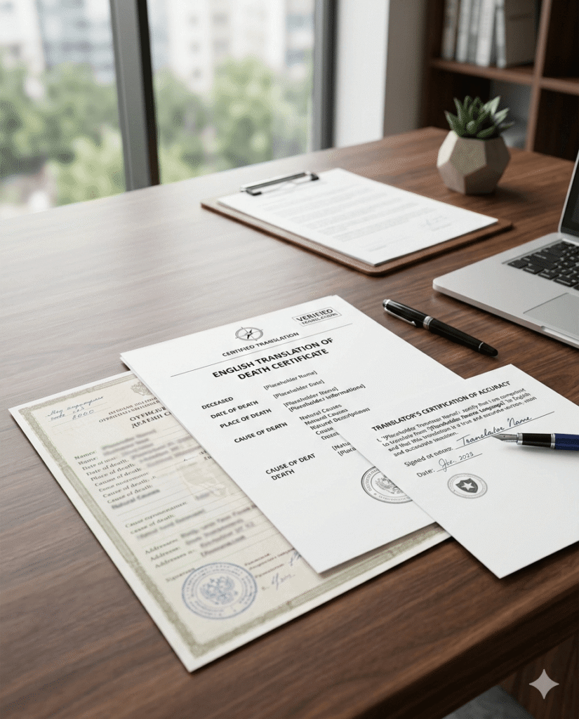 Certified translation of a death certificate with translator certification page