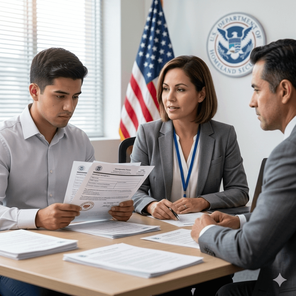 Certified translator assisting an immigration applicant during an interview in a professional office.