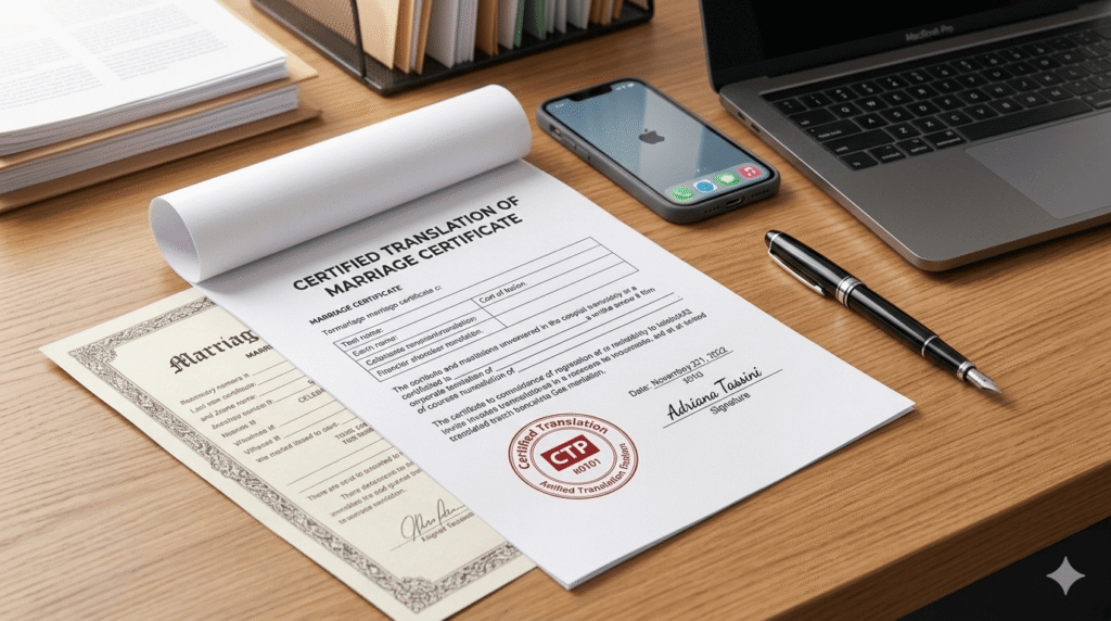 Close up of a certified translation document for USCIS marriage interview, showing the 'Certified Translation' stamp.