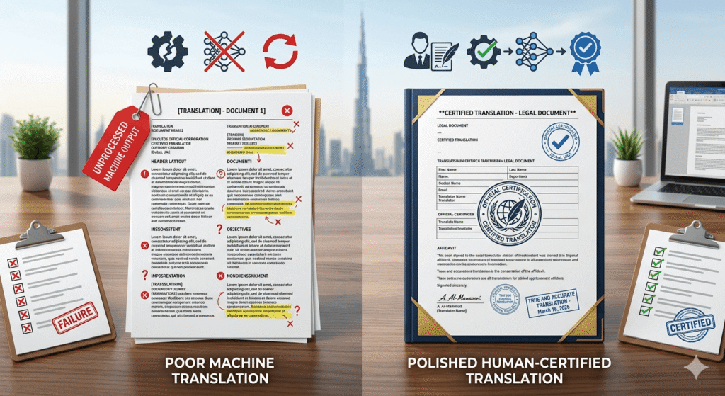 Comparison between machine translation and professional human translation for visa documents