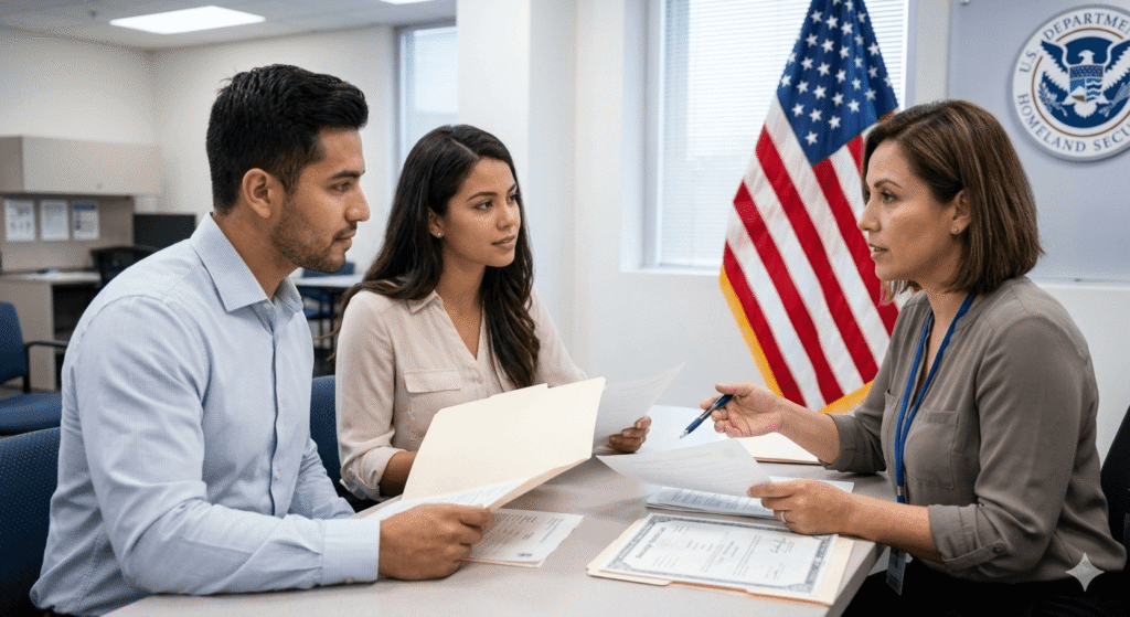 Couple working with a translator to prepare documents for a USCIS marriage interview.
