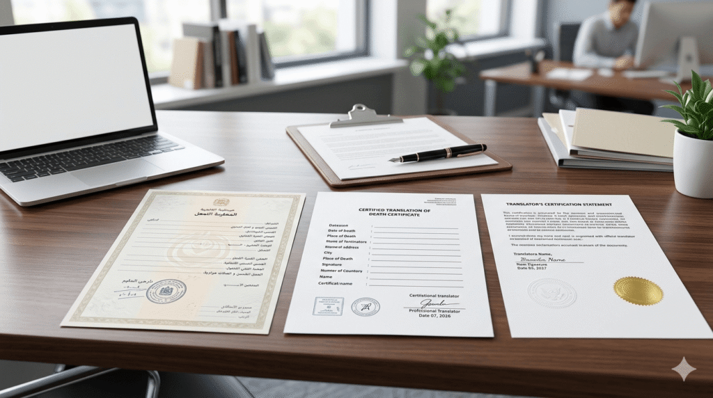 Death certificate and English translation prepared for official document submission