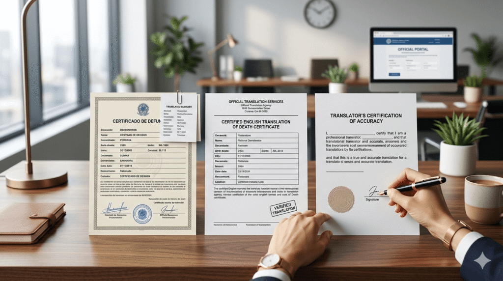 Death certificate translated into English with certification for official use