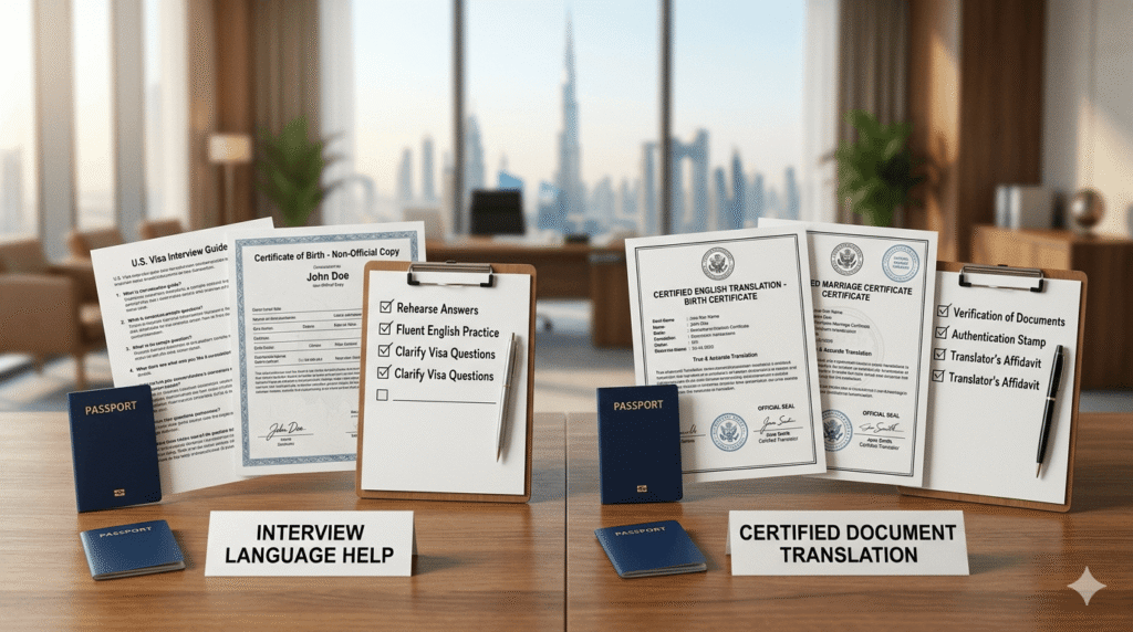 Difference between visa interview interpreter support and certified document translation