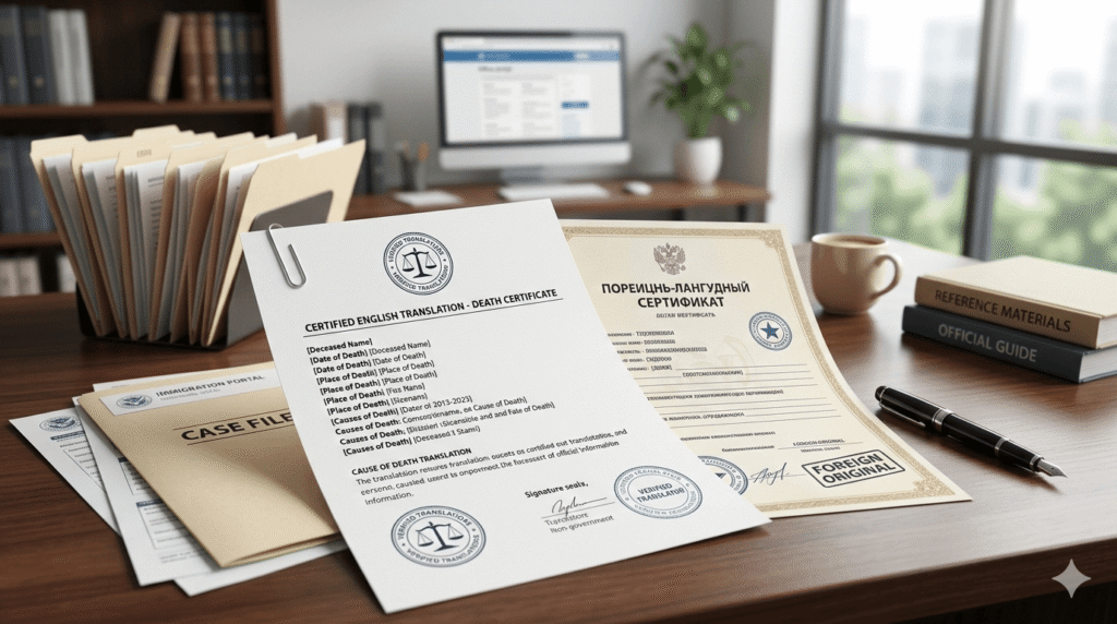 English translation of a death certificate on a desk with supporting immigration style paperwork.