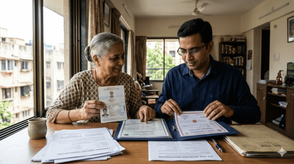 Family preparing translated documents for a U.S. visa interview in Mumbai