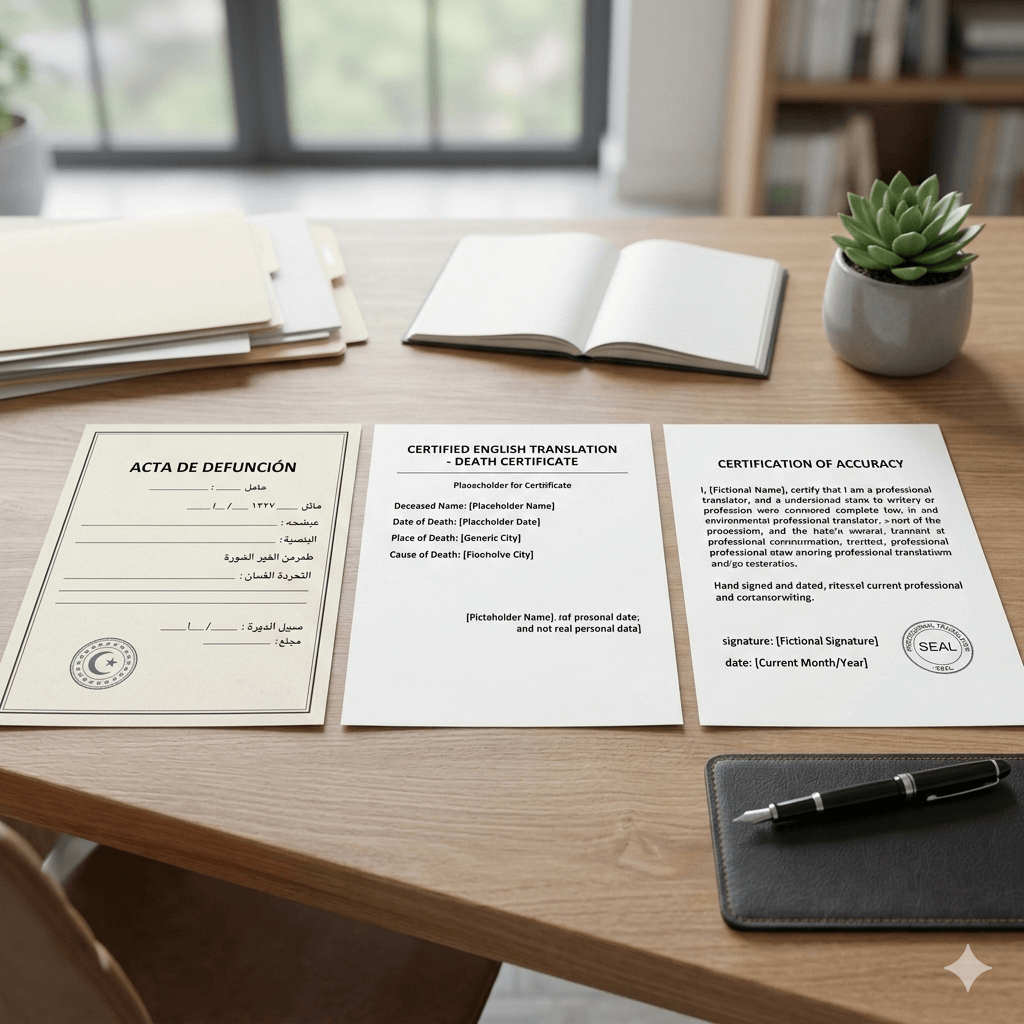 Foreign language death certificate beside a certified English translation on a desk