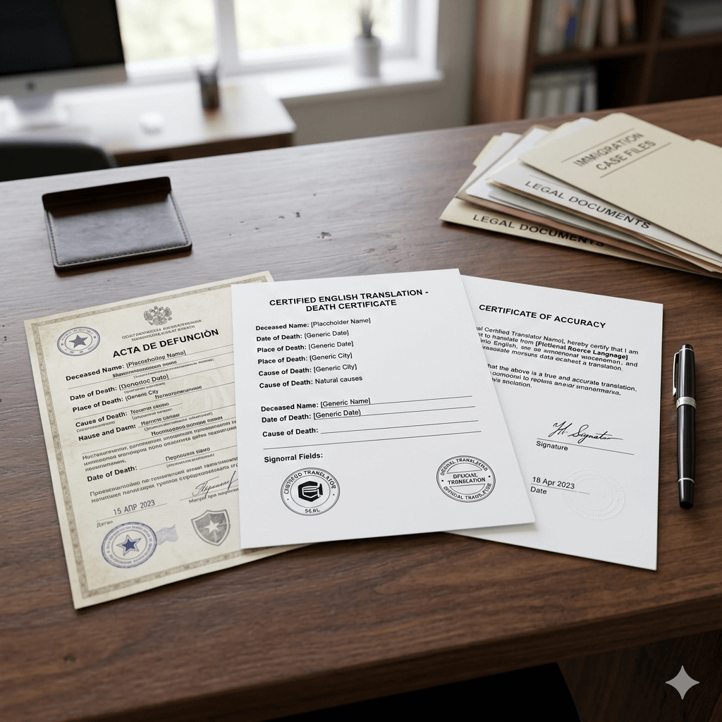 Foreign language death certificate beside an English certified translation and signed certificate of accuracy.