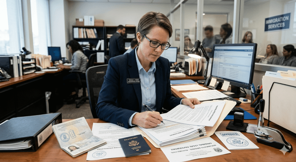 Immigration officer reviewing translated legal documents for immigration application