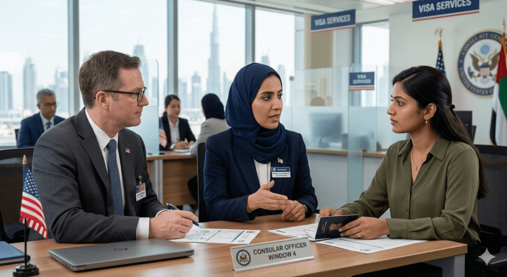 Interpreter assisting applicant during U.S. visa interview
