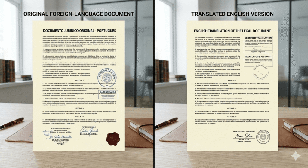 Original legal document and certified English translation comparison