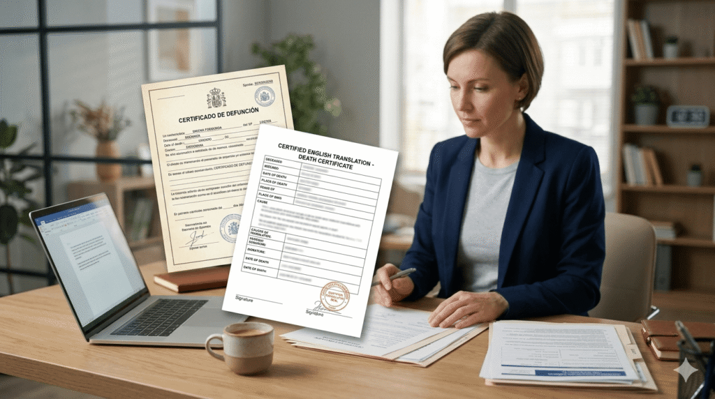 Professional reviewing a Spanish death certificate and certified English translation