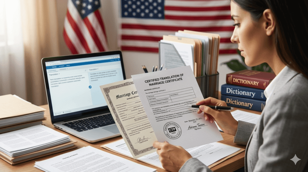 Professional translator reviewing a certified translation for a USCIS marriage interview.