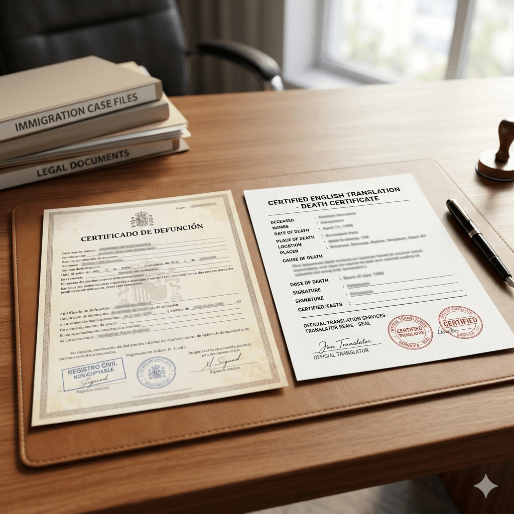 Spanish death certificate next to a certified English translation on an office desk