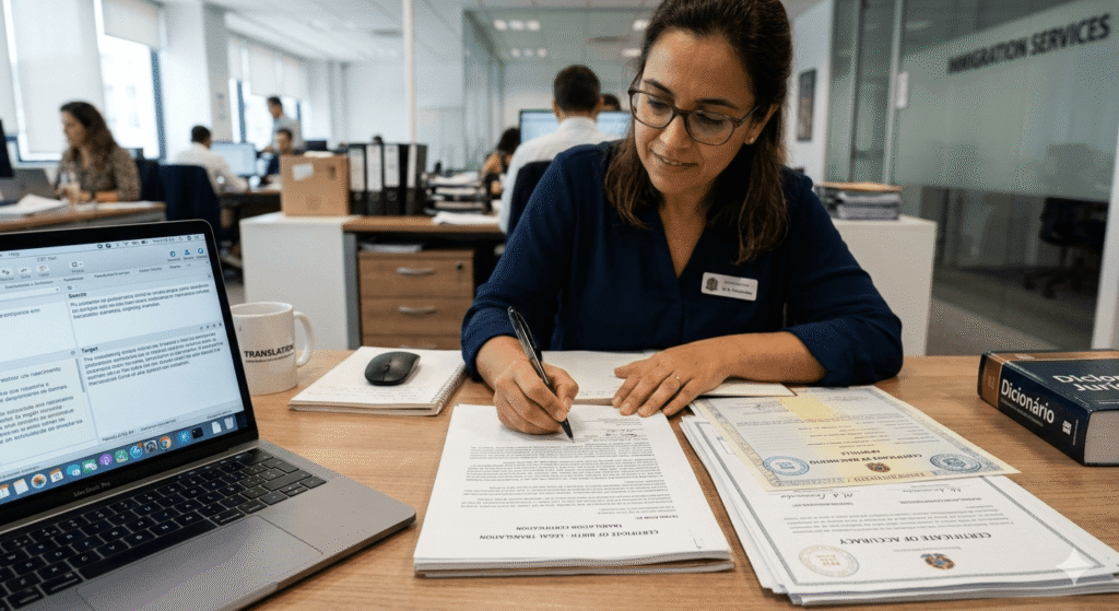 Translator preparing certified translation of legal document