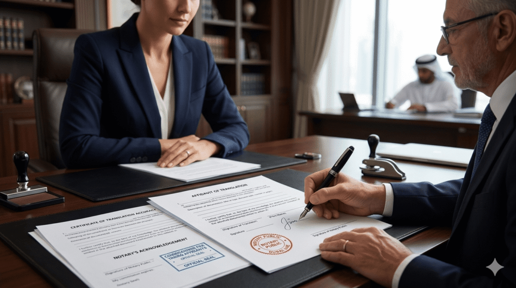 Translator signing an affidavit for an immigration document translation
