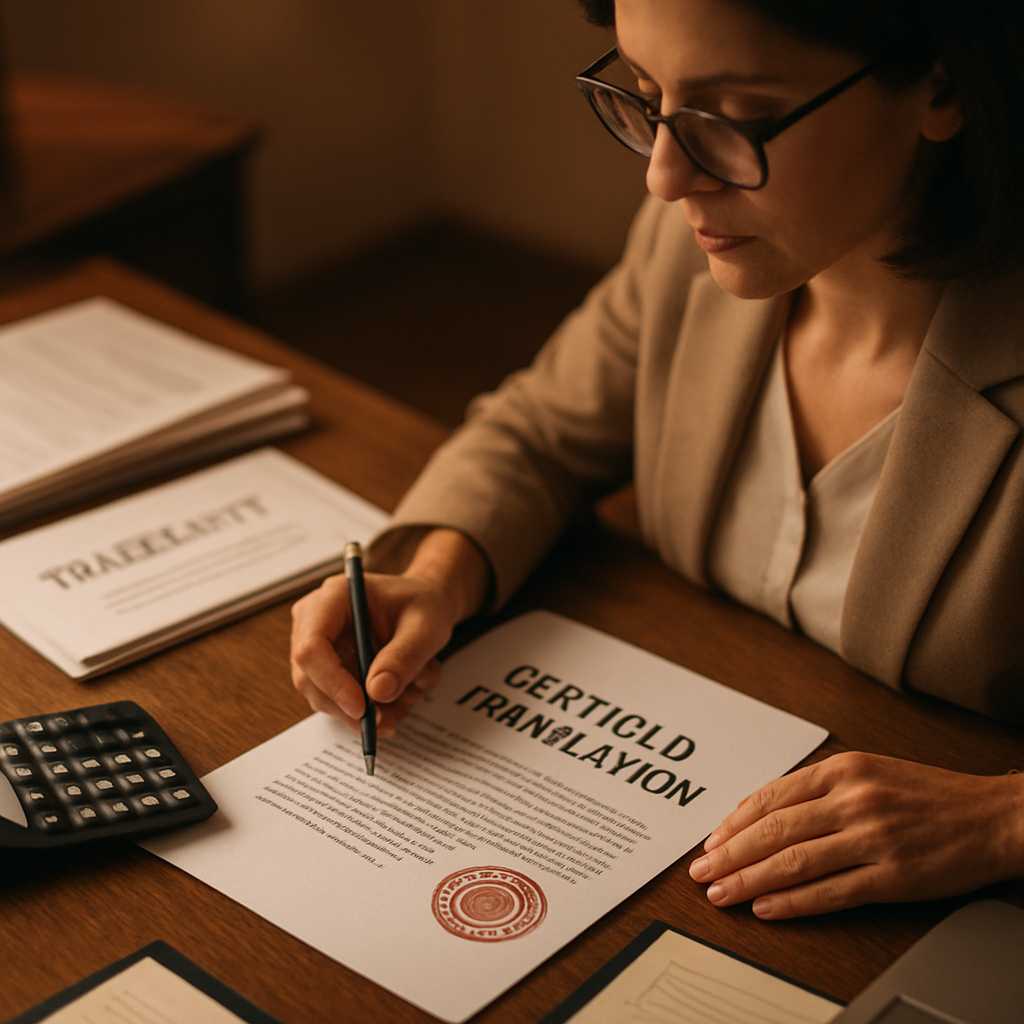 A professional image of a translator working at a desk, surrounded by academic transcripts and trans