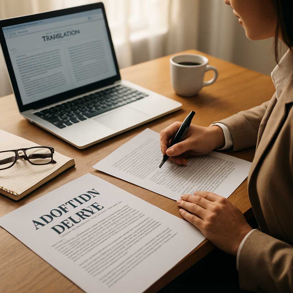 A professional photograph of a translator working at a desk, surrounded by documents, including an a