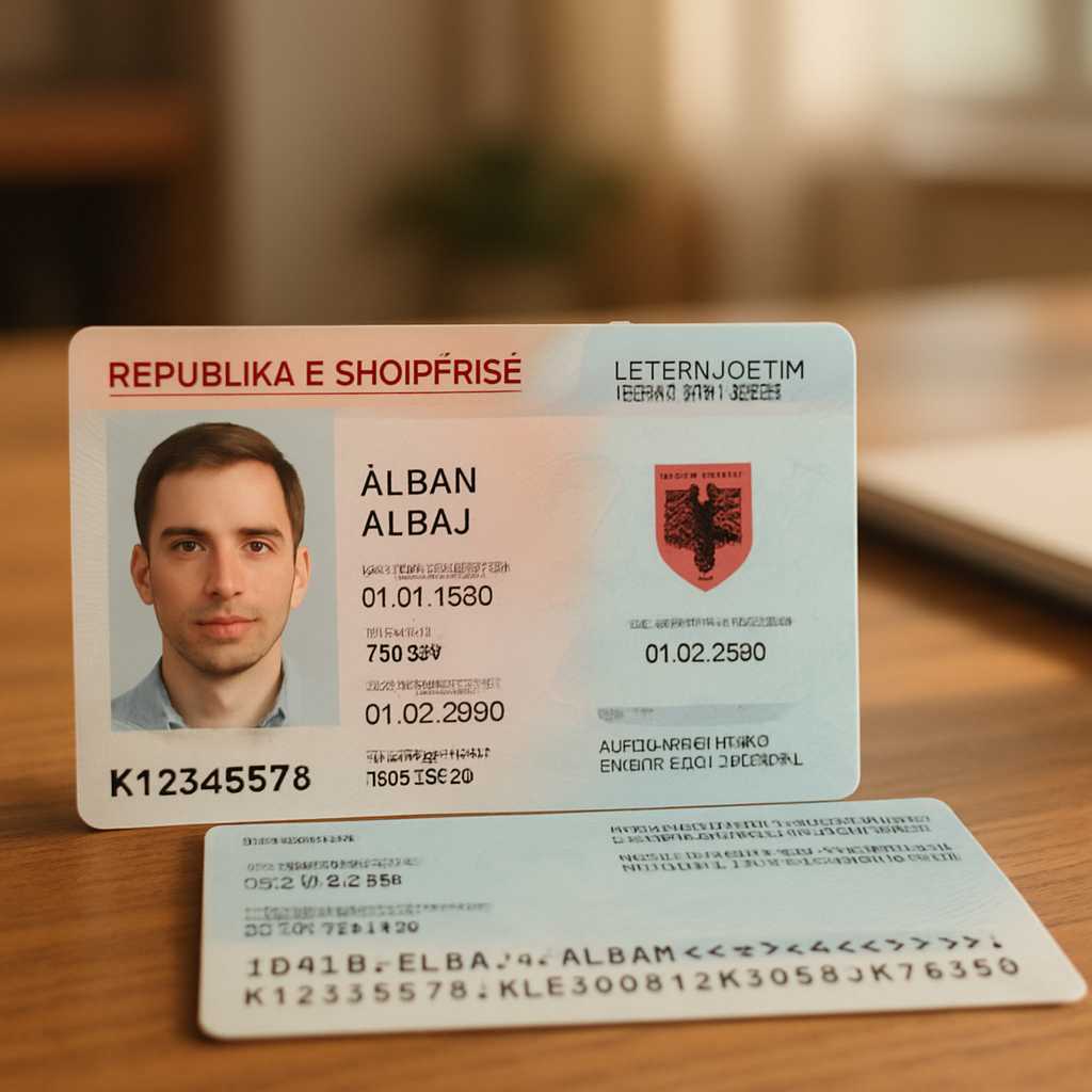 A close up, photorealistic image of an Albania national ID card, showcasing both the front and back