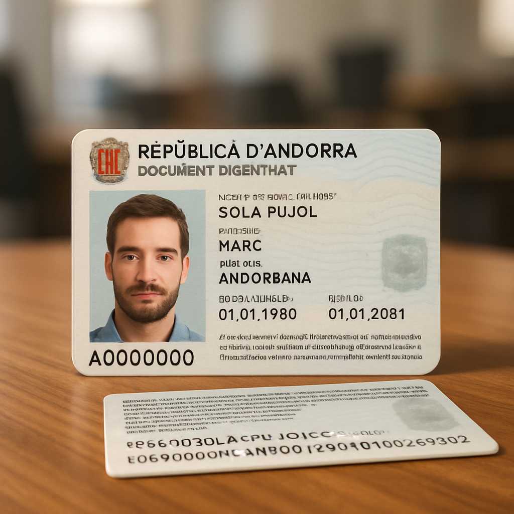 A close up, photorealistic image of an Andorra national ID card, showcasing both the front and back