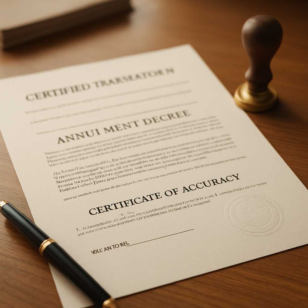A professional image showing a close up of a certified translation document for an annulment decree,