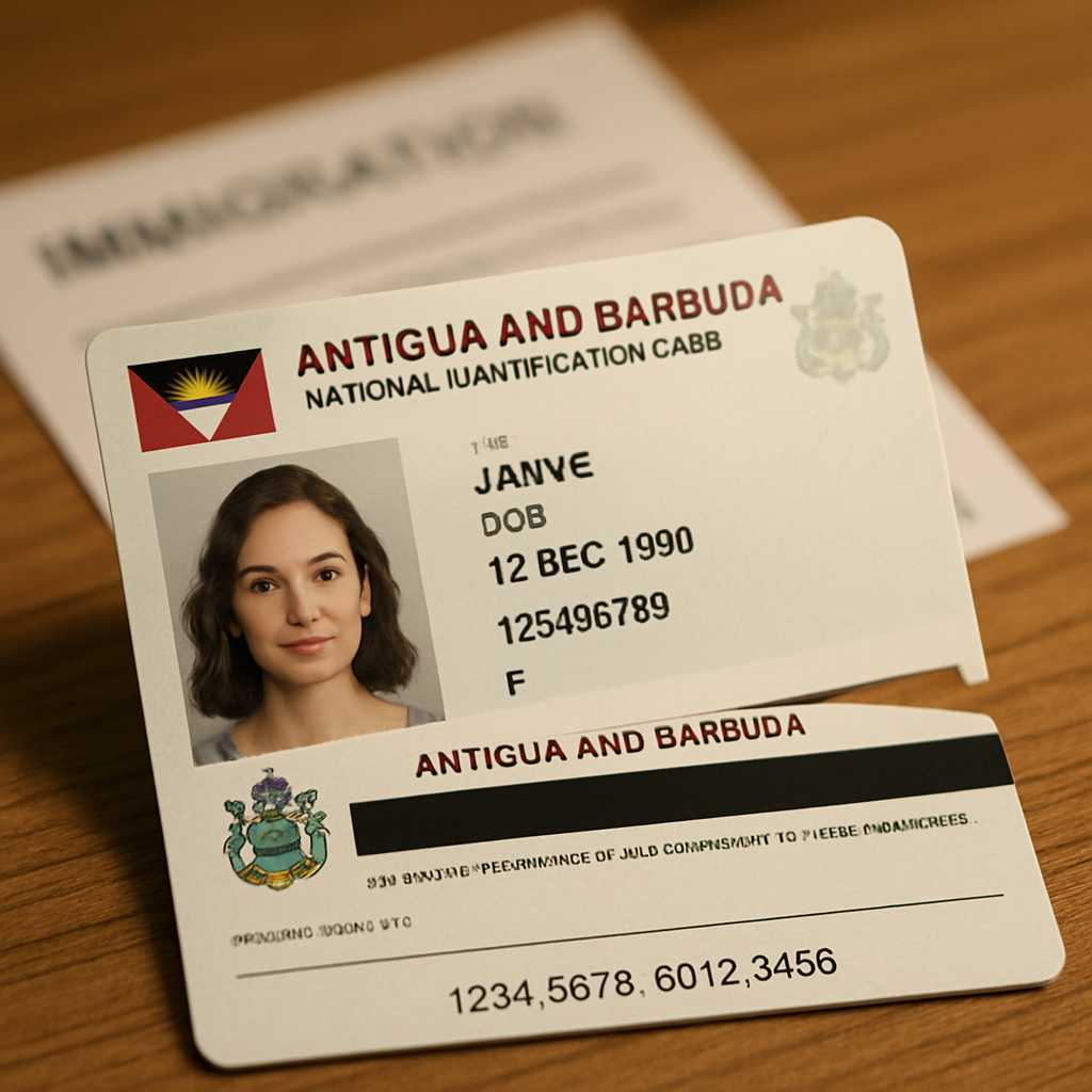 A close up shot of an Antigua and Barbuda national ID card, showcasing both the front and back. The