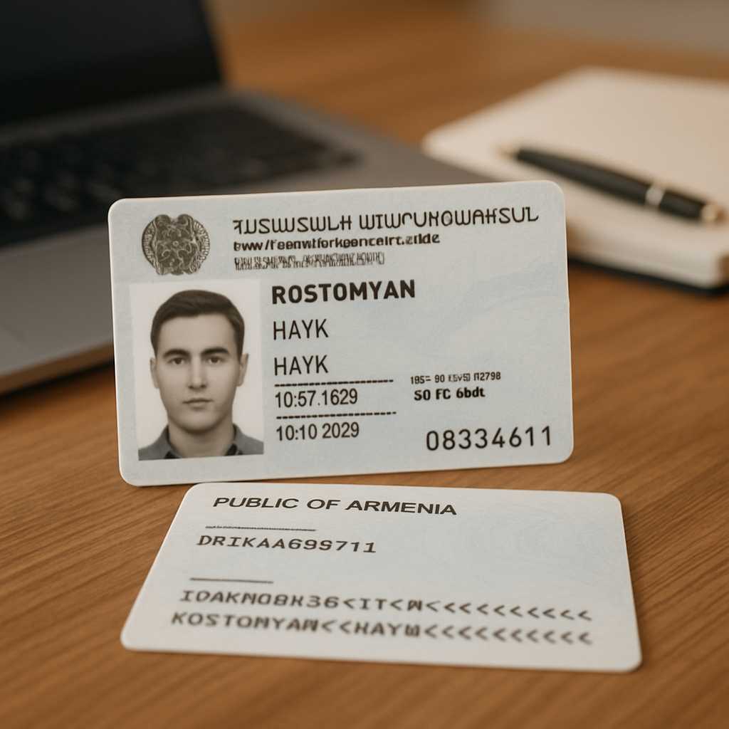A close up, photorealistic image of an Armenia national ID card placed on a wooden desk, with a soft