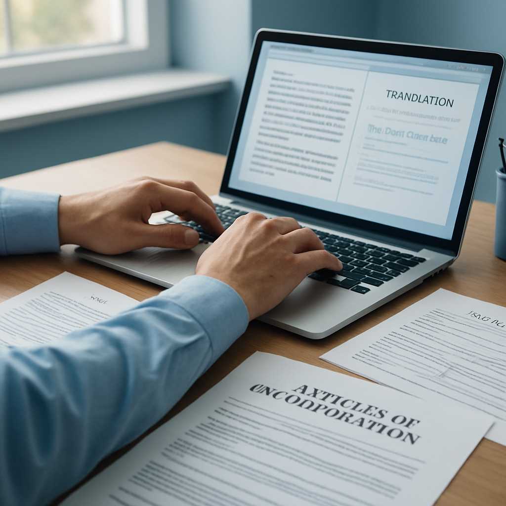 A professional office setting featuring a close up of a translator's hands typing on a laptop with i