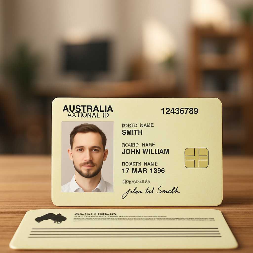 A close up, photorealistic image of an Australia national ID card, showcasing both the front and bac