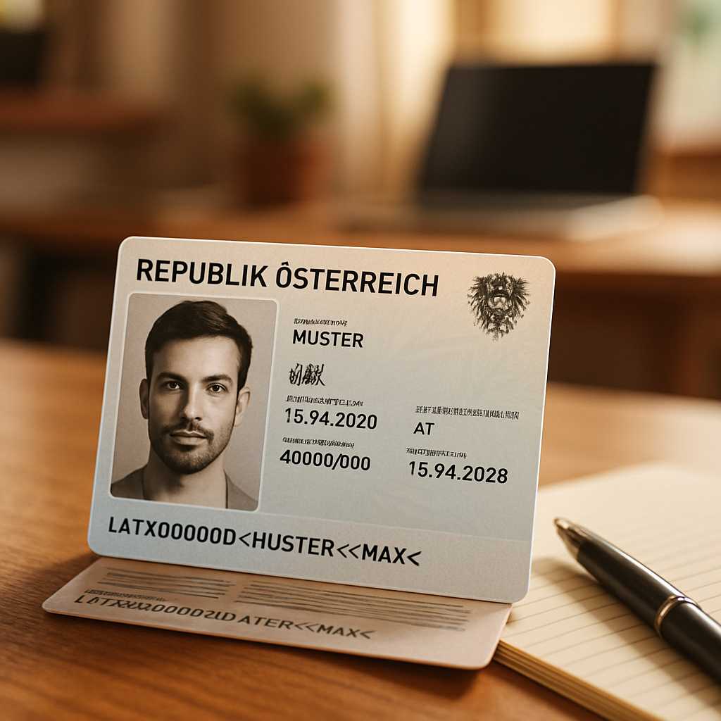 A close up, photorealistic image of an Austria national ID card displayed on a wooden desk, with a s