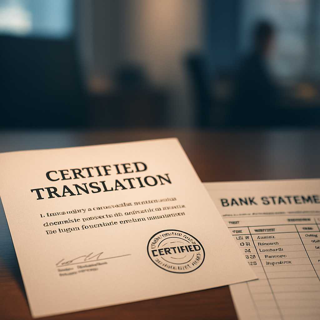 A professional setting showing a close up of a certified translation document next to a bank stateme