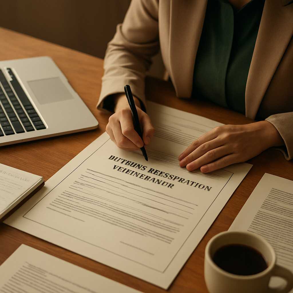 A professional image showing a translator working on a business registration certificate, with docum