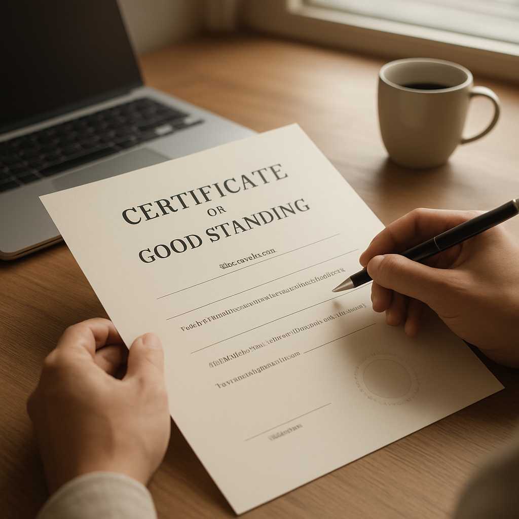 A professional image of a Certificate of Good Standing document laid out on a desk, with a translato