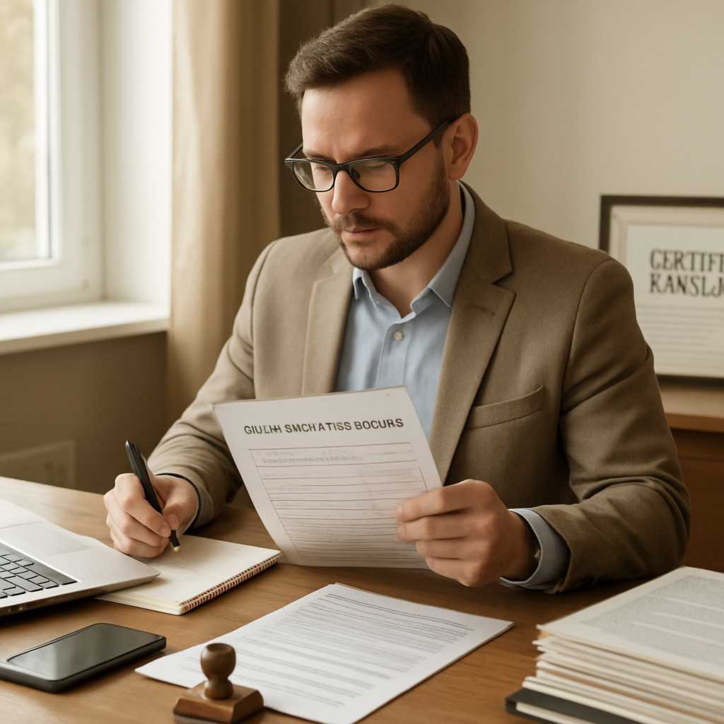 A professional image of a certified translator working at a desk, surrounded by legal documents, a l