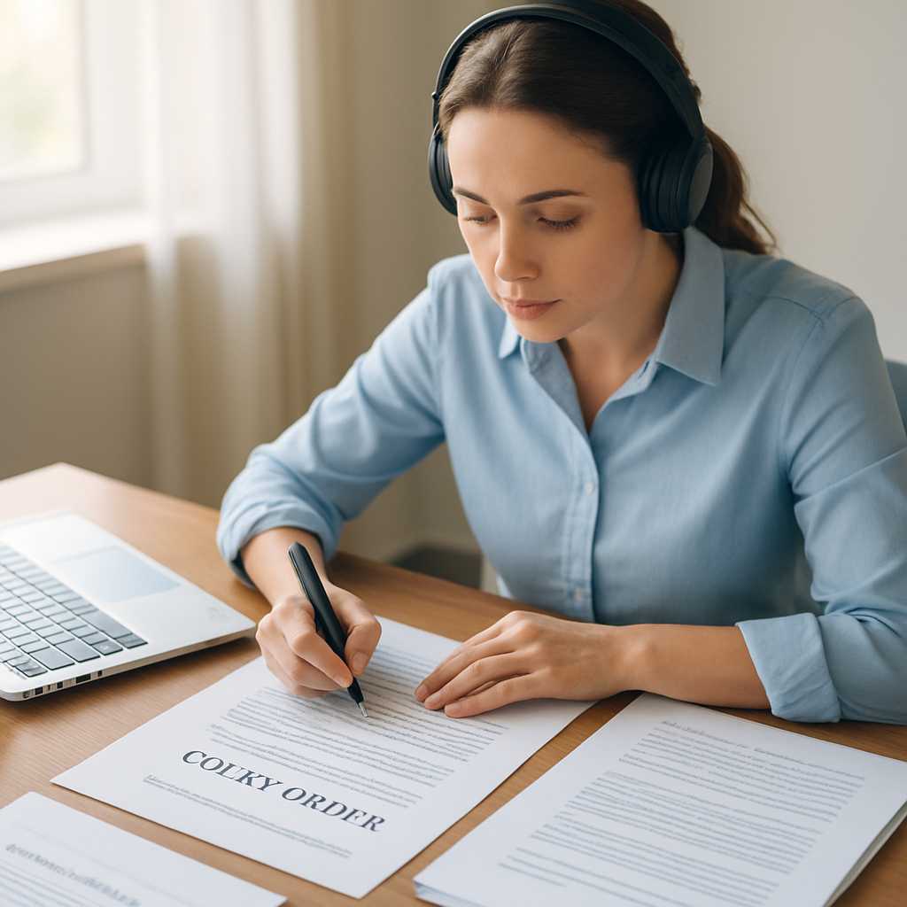 A professional image of a translator working at a desk, surrounded by legal documents and a laptop,