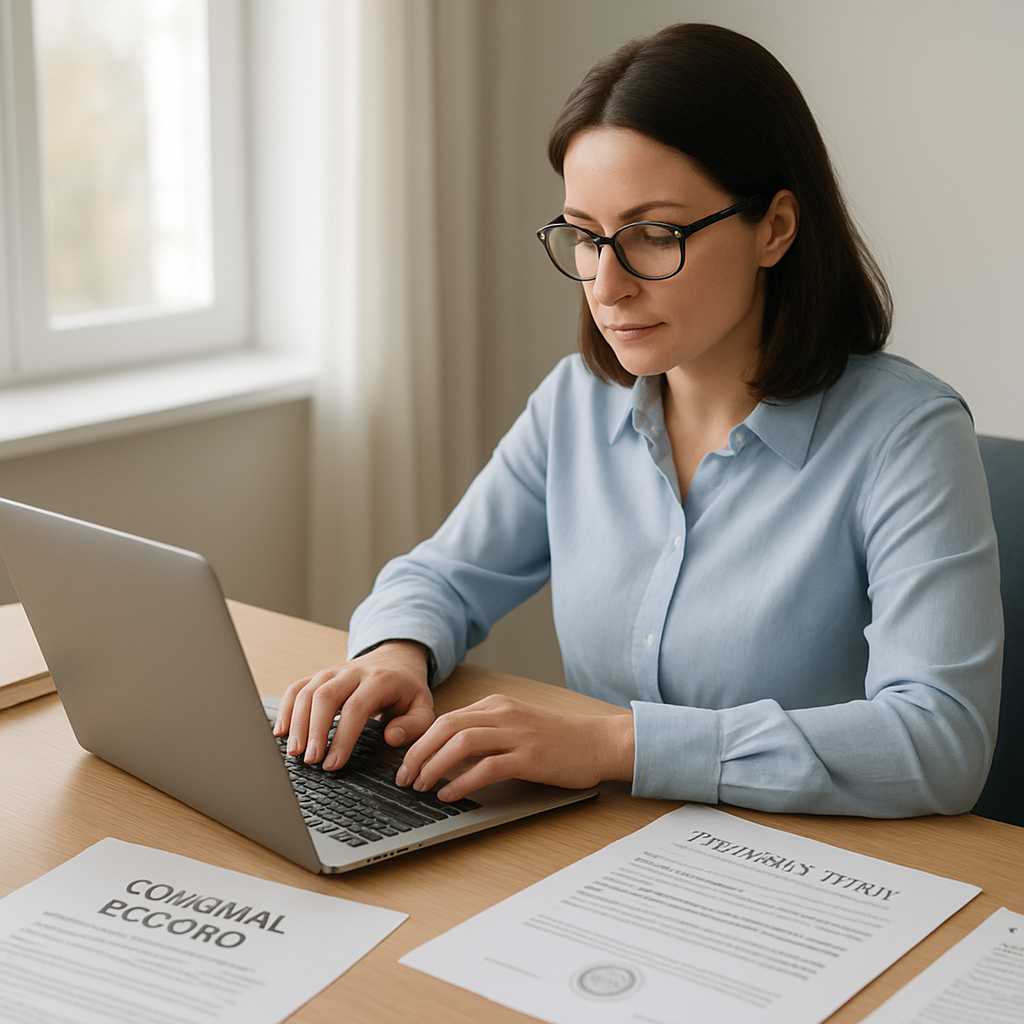 A professional image of a translator working at a desk, surrounded by immigration documents includin