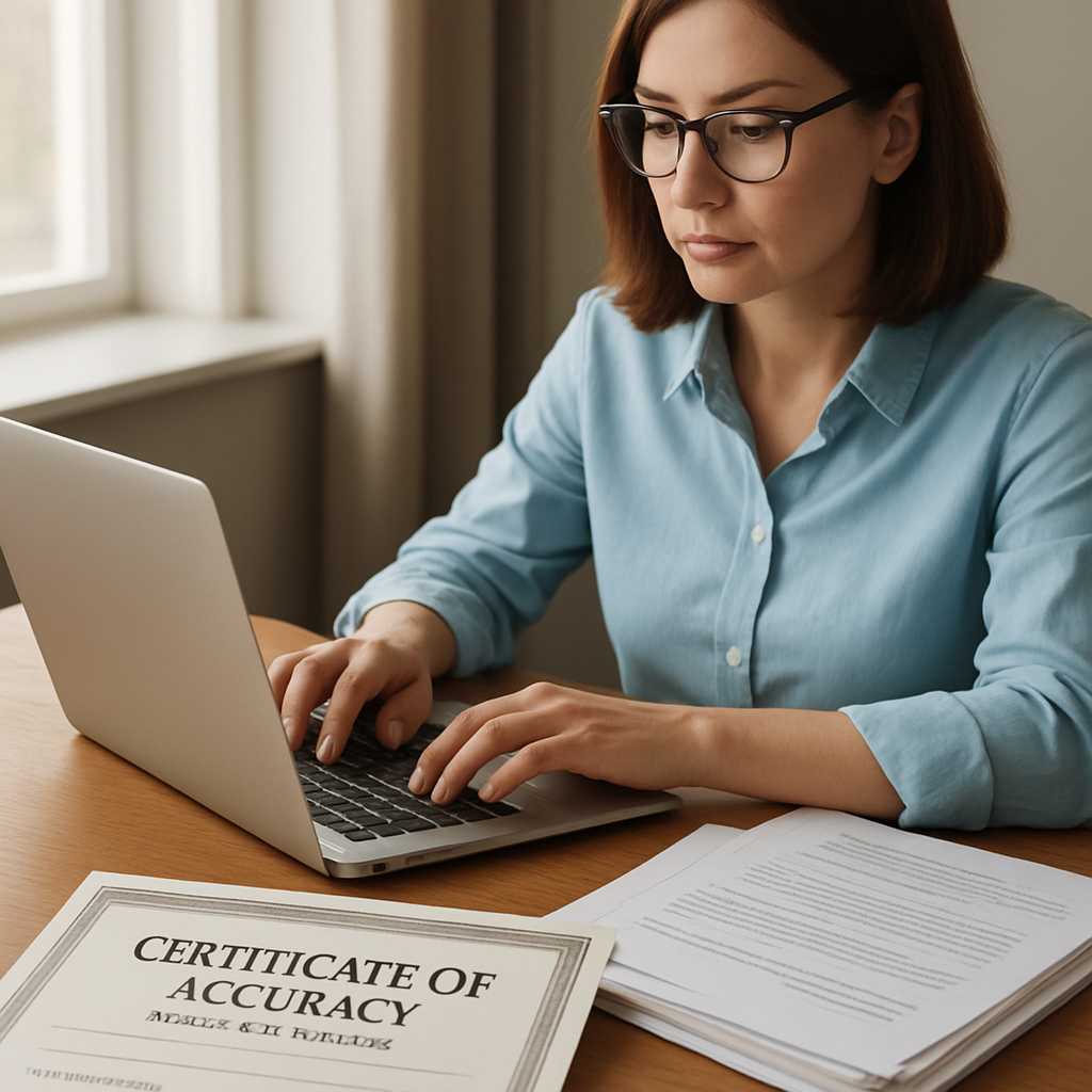 A professional editorial photograph of a certified translator working at a desk, surrounded by immig