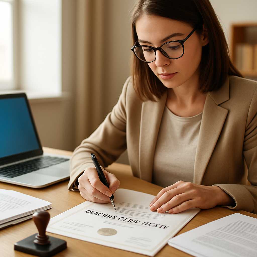 A professional image showing a translator at work, focused on translating a degree certificate. The