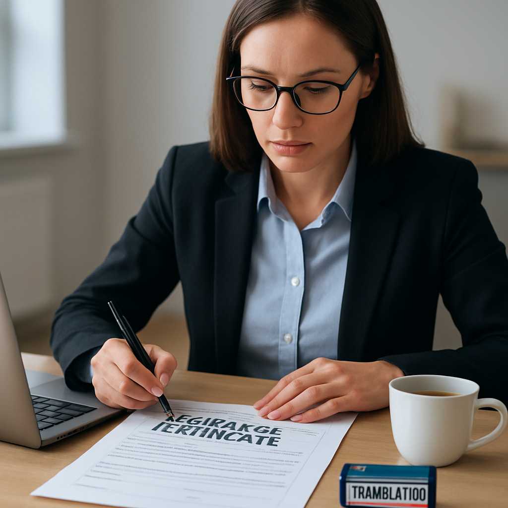 A professional image depicting a certified translator working on a discharge certificate, with a foc