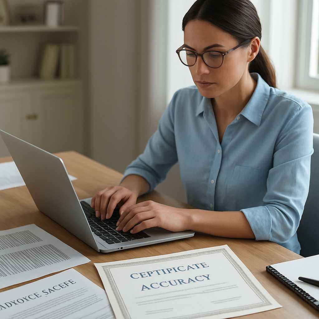A professional image depicting a certified translator working at a desk, surrounded by documents inc