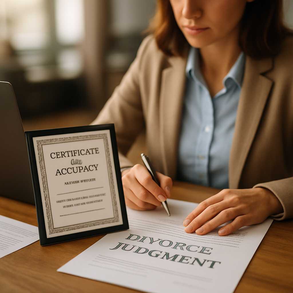 A professional image of a certified translator working on a divorce judgment document, with a focus