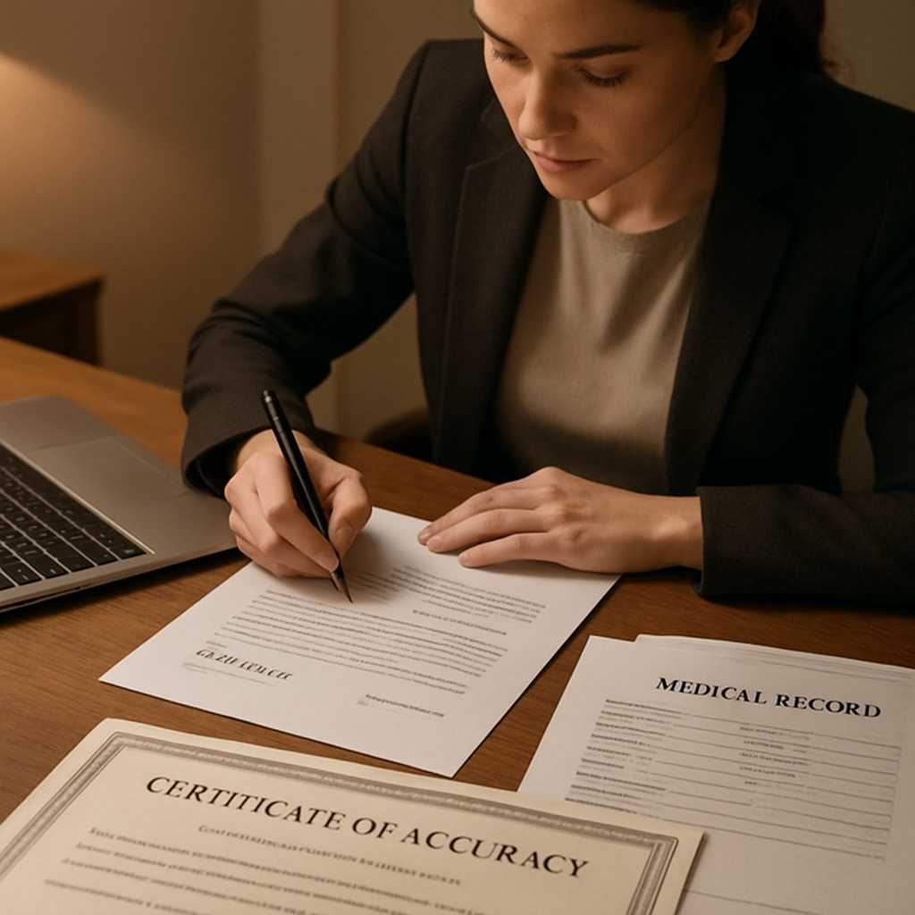A professional setting where a translator is working on a certified translation of a doctor's letter