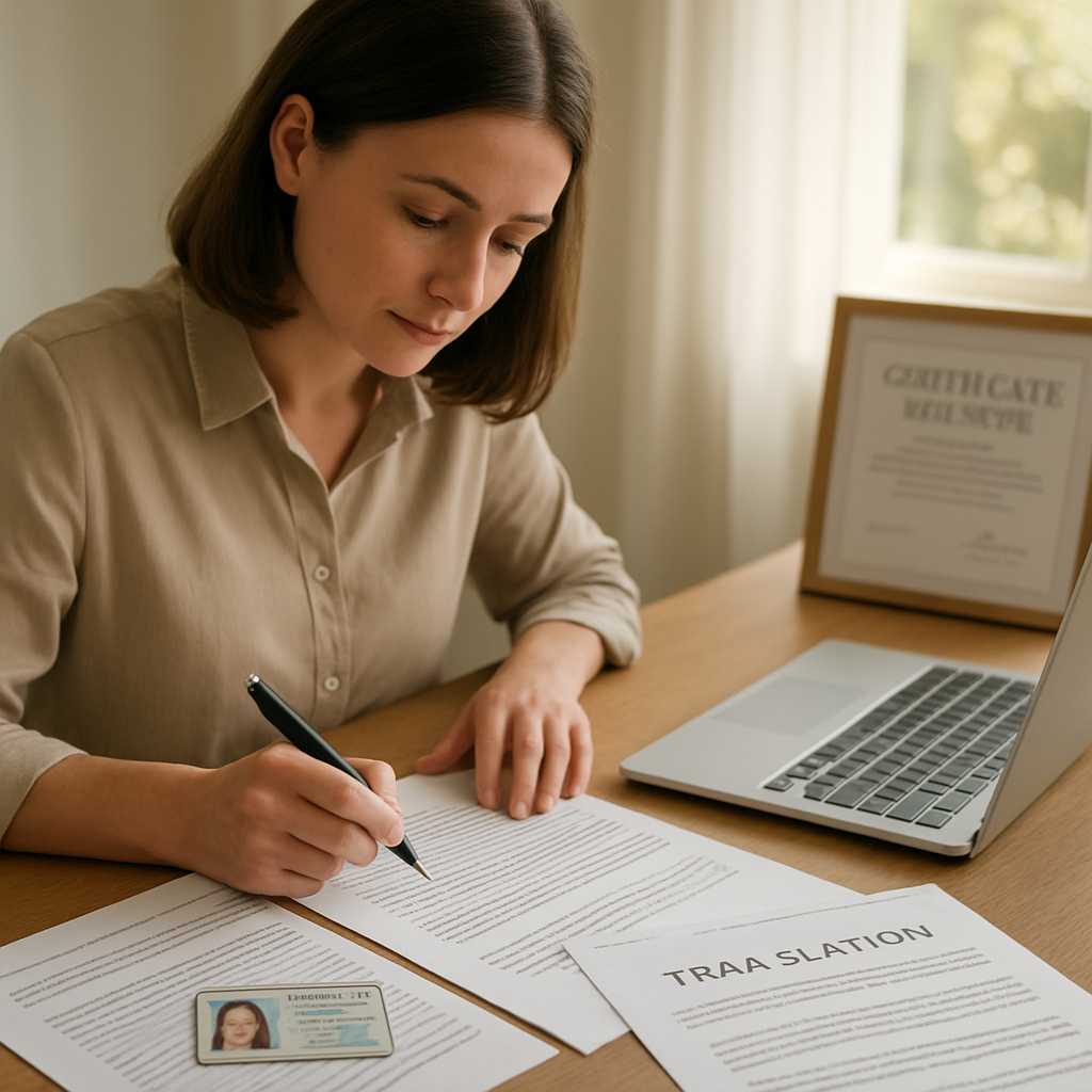 A professional image of a certified translator working at a desk, with a driver's license and transl