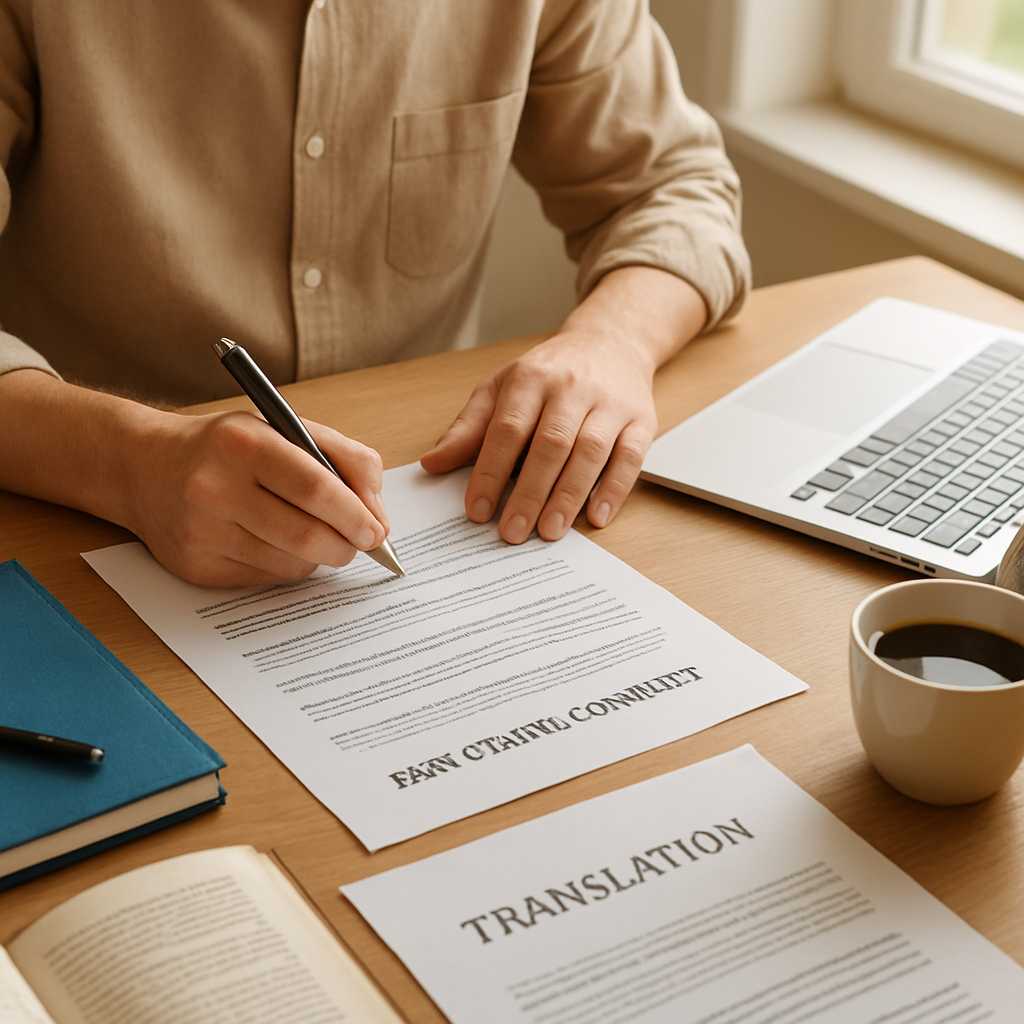 A professional image of a translator working on an employment contract, with documents and a laptop