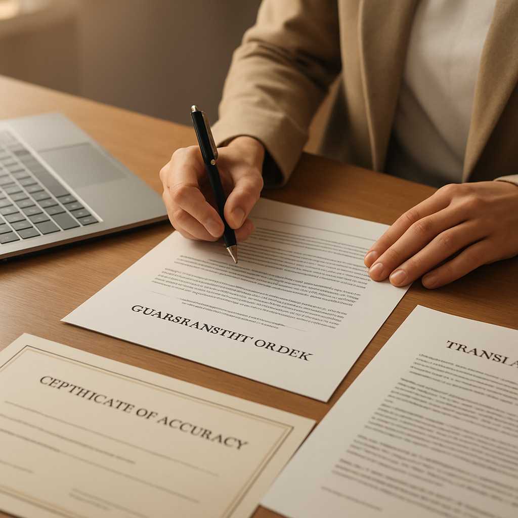 A professional image depicting a translator working on a guardianship order document, with a focus o