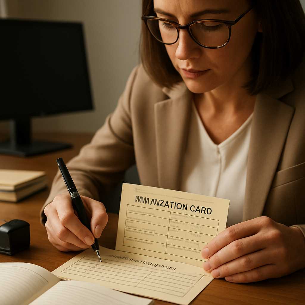 A close up shot of a certified translator working on an immunization card, with a focus on the docum