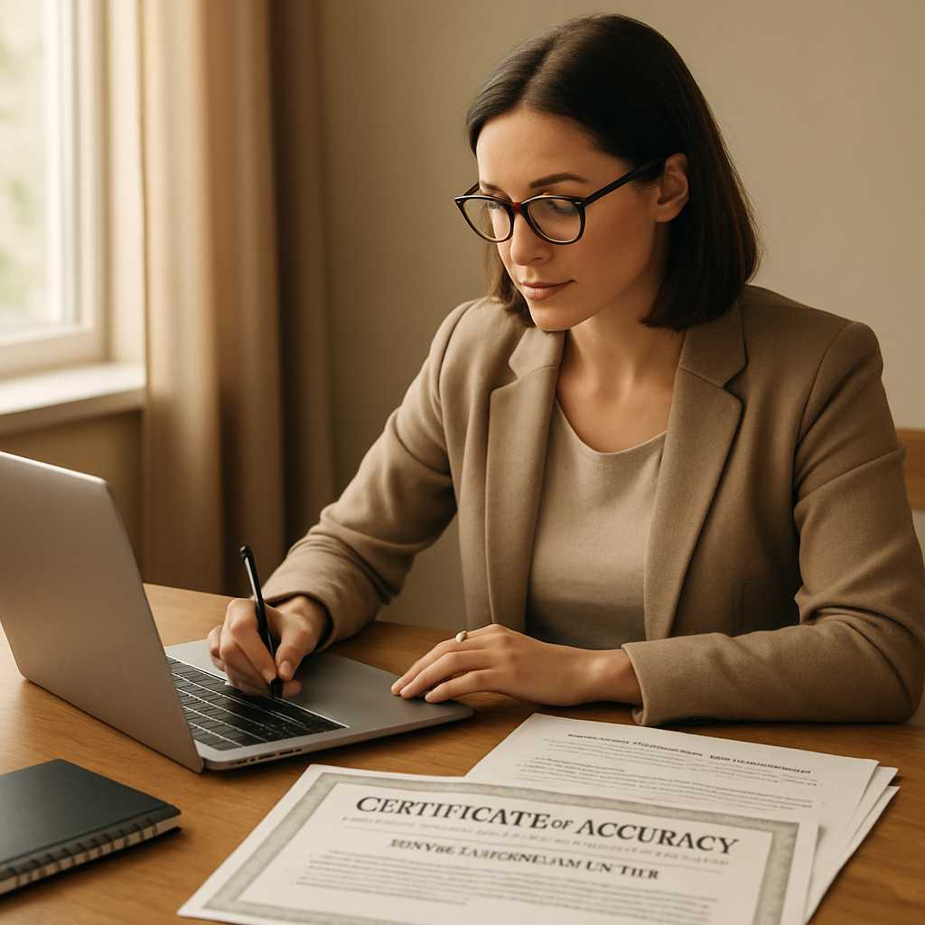 A professional image of a certified translator working at a desk, surrounded by documents, including