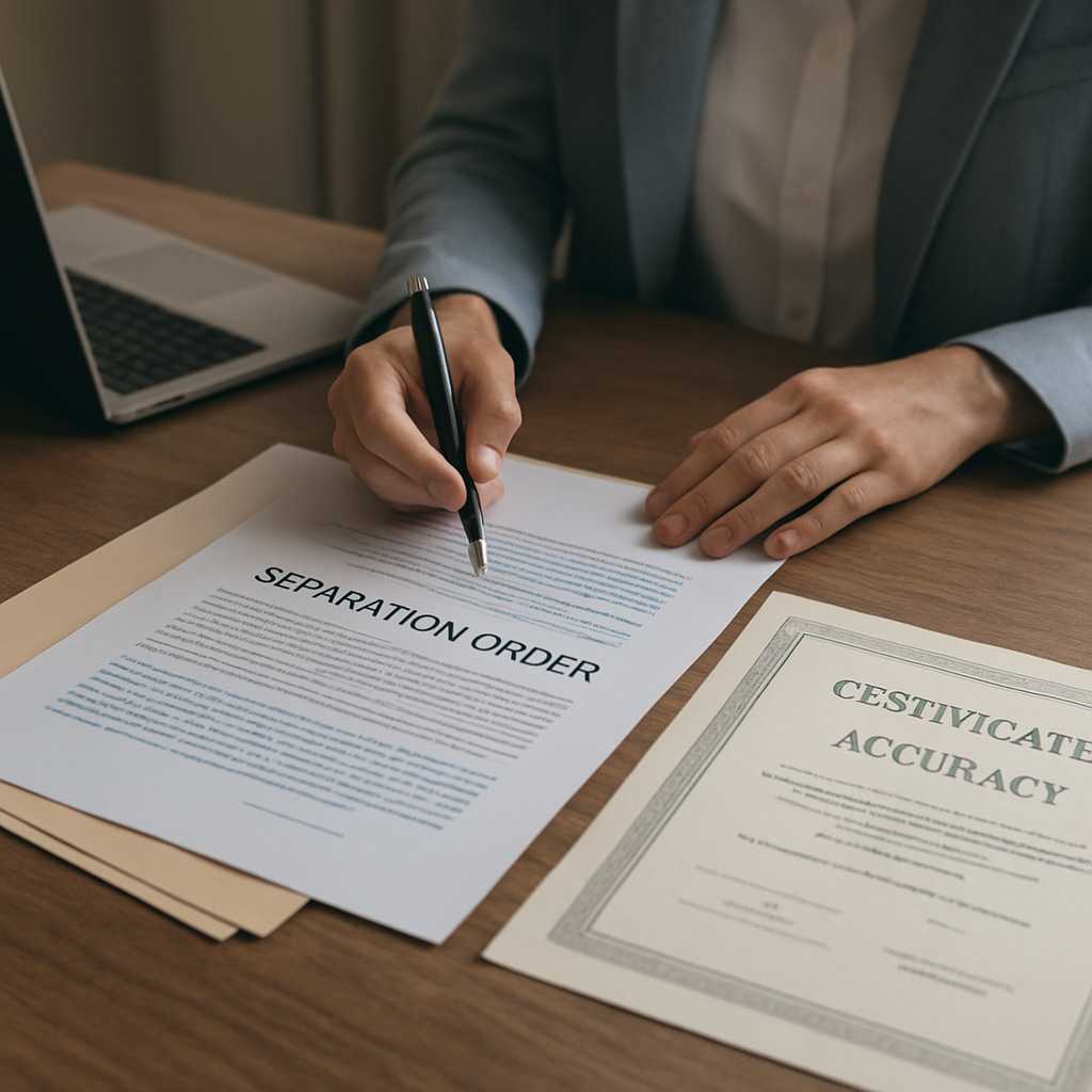 A professional setting where a translator is working on a legal separation order document, with a fo