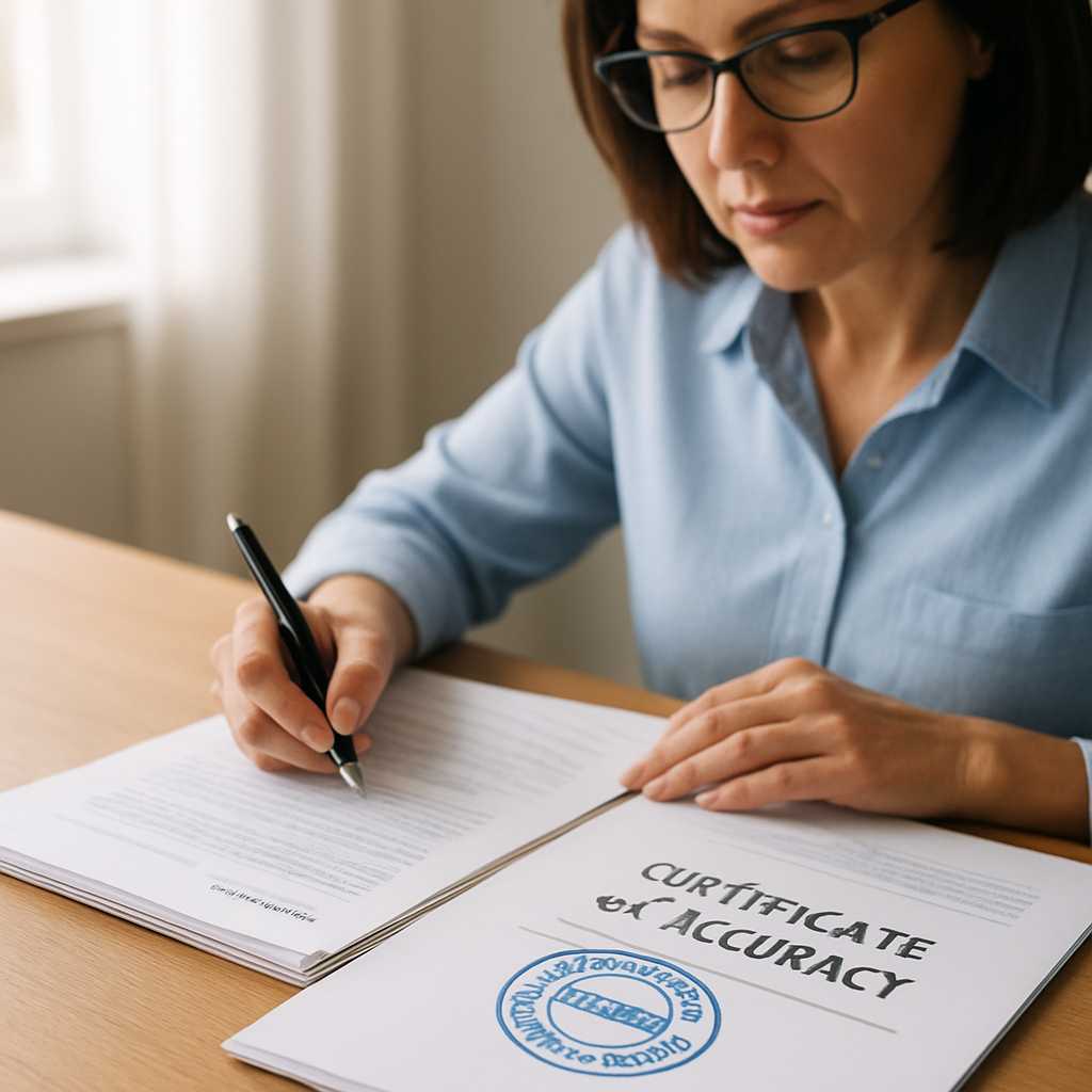 A close up editorial photograph of a certified translator reviewing medical records on a desk, with