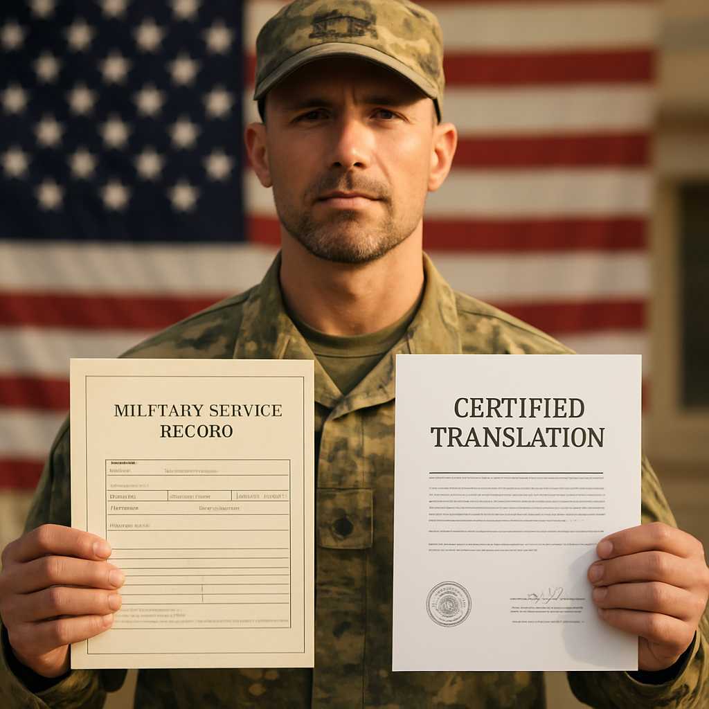 A professional image of a military veteran holding a military service record in one hand and a certi